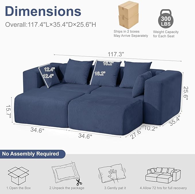 Redlife 117” Modular Sectional Sofa with Ottoman L Shaped Modular Couch Large Sectional Couches Corduroy Combination Sofas for Living Room Apartment Bedroom No Assembly Required Blue