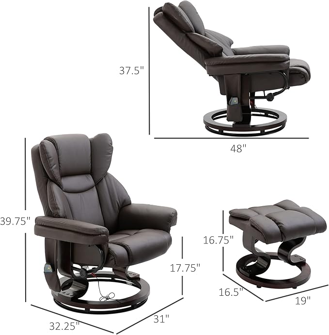 Massage Recliner Chair with Ottoman Footrest 10 Vibration Points 360° Swivel Reclining Chair Faux Leather Living Room Chair with Side Pocket and Remote Control