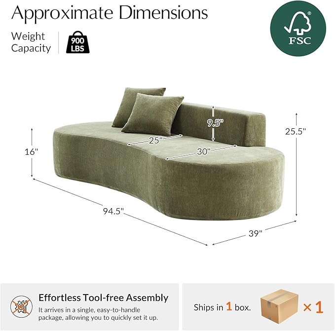 HULALA HOME 94.5 Curved Boneless Couch with Two Pillows Oversized 3 Seater Compressed Foam Sofa with Deep Seat Modern Cloud Couch for Living Room No Assembly Required Olive