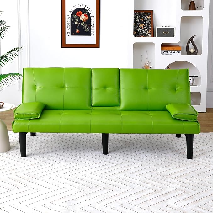 Green Futon Couch &amp Convertible Futon Sofa Bed for Small Space 67 Loveseat Couches with Removable Armrests &amp 2 Cup Holders for Living Room Bedroom Dorm Apartment Easy Assemble (Green)