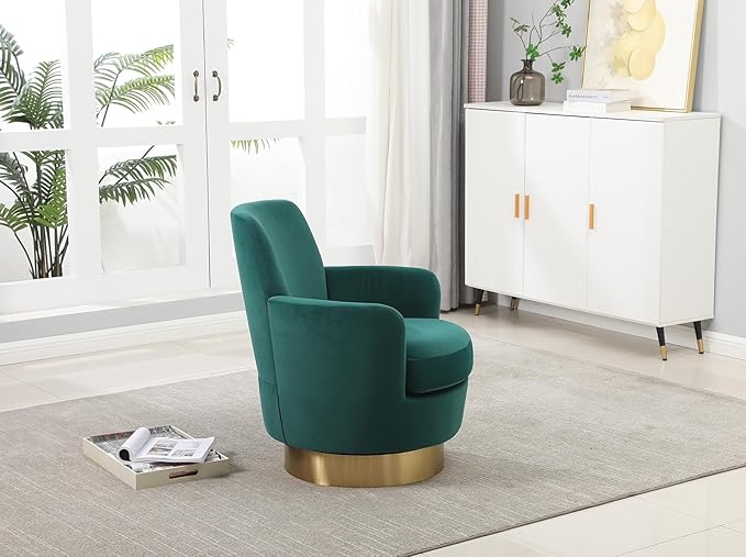Velvet Swivel Accent Chair Set of 2 Upholstered Barrel Chair with Gold Base Comfy Sherpa Round Boucle Chair 364-degree Swivel Armchair for Living Room Bedroom Lounge Office Nursery Green