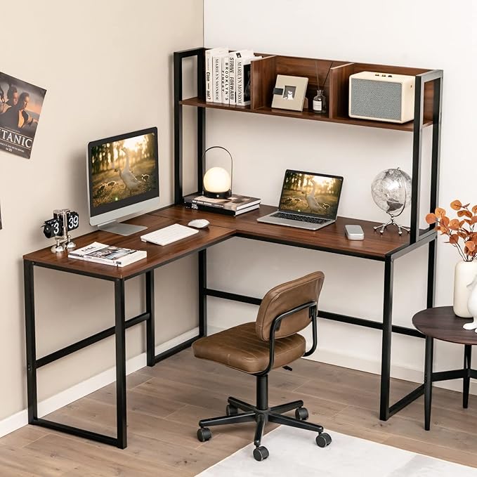 MEDIMALL L-Shaped Desk w/Storage Shelf Reversable Corner Desk Game Table w/Sturdy Metal Frame Multifunctional Computer Desk for Home Office (Walnut)
