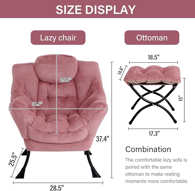 LITA Lazy Chair with Ottoman Modern Accent Leisure Upholstered Sofa Chair Lounge Reading Chairs with Armrests and a Side Pocket for Living Room Bedroom &amp Small Space Plush Dark Pink