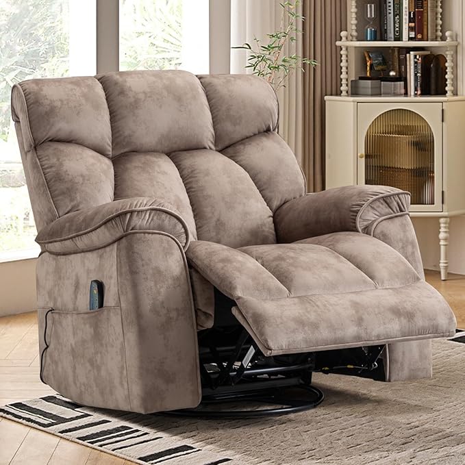 INZOY Oversized Rocker Recliner with Heat and Vibration Manual Swivel Rocking Recliner Chair with Vibrating Massage Comfy Padded Overstuffed Soft Fabric Heated ReclinerCamel