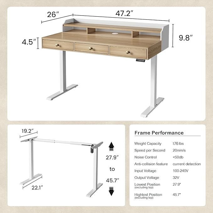 Home Office Standing Desk Set Fluted Cabinet with 3 Drawers and Door 47.2 x 26 Electric Stand Up Table with Storage Rolling Printer Stand on Wheels Mobile Light Walnut