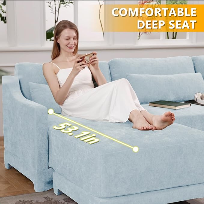 Livavege 105.9 Modular Sectional Sofa Couches for Living Room Modern Comfy 3 Seater Couch with Thick Cushions &amp Solid Wood Frame Upholstered Chenille Deep Seat Sofas for Bedroom Apartment Blu