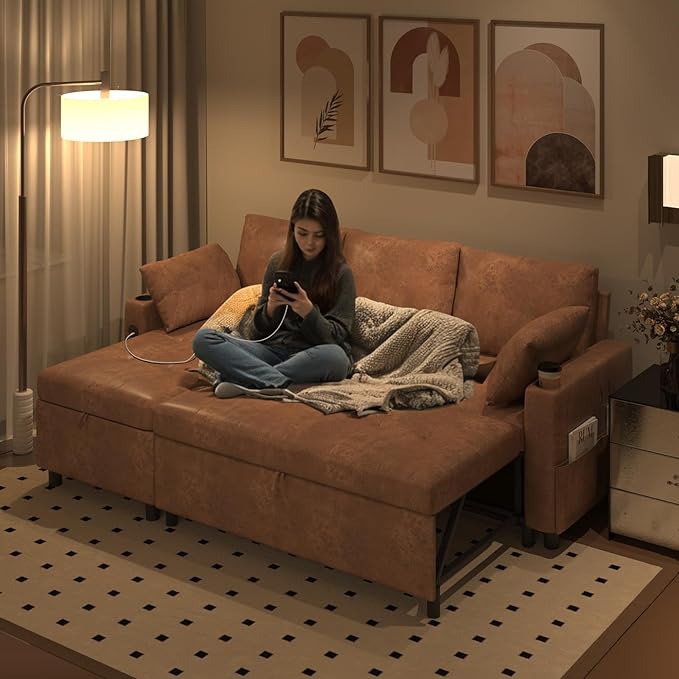 Leather Sleeper Sofa Couch with Pullout Bed 80'' Sofa Bed Pull Out Couch with Reversible Storage Chaise Sectional Couches with USB Charging Ports&ampCup Holders for Living Room Brown