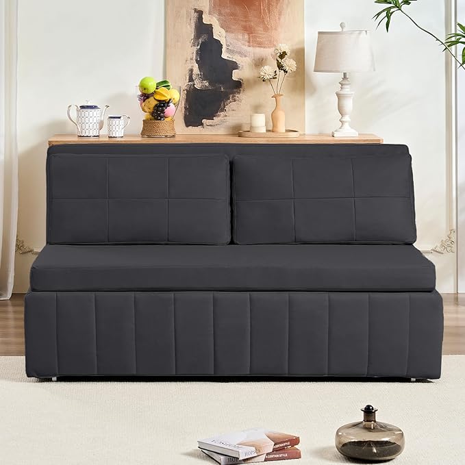 Mjkone 64 Width Queen Size Pull Out Sleeper Sofa Bed Couch 3-in-1 Faux Leather Loveseat Sofa Sleeper Armless Pullout Sofa Couch Bed with Side Pockets for Living Room Apartment Dark Grey
