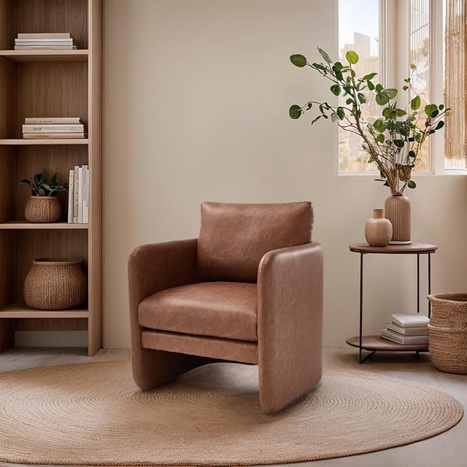 Modern Accent Barrel Chair Single Sofa Chair with Removable Back Pillow Comfy Pu Leather Upholstered Reading Accent Chair Lounge Armchair for Bedroom Living Room Brown
