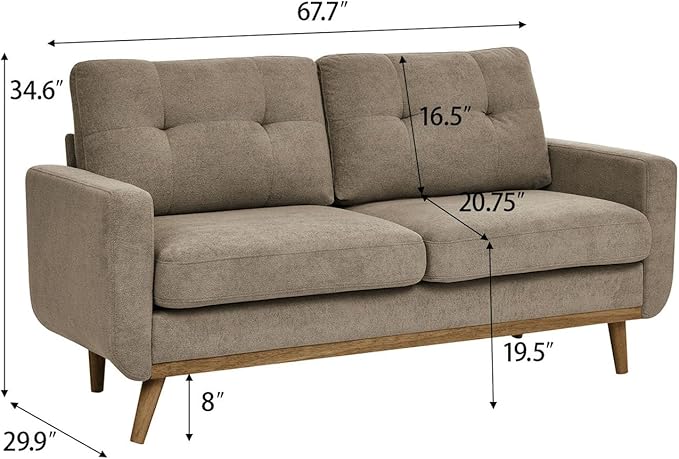 67.7 Mid-Century Modern Loveseat Sofa 2-Seat Mini Upholstered Love Seat Couch Comfy Small Couch with Wooden Legs and Tufted Back for Living Room Bedroom Office Apartment(Khaki)