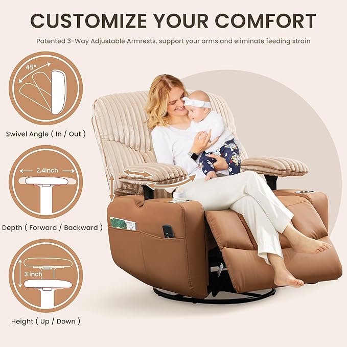 GRAINELL Rocking Chair Nursery Electric Swivel Recliner Glider with Adjustable Armrests Nursing Chair with USB Charger Cup &amp Blanket Holders Brown Corduroy &amp PU Leather