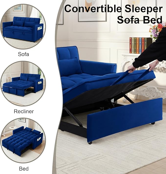 3-in-1 Convertible Sofa Bed 55'' Pull Out Couch Bed with Adjustable Backrest Velvet Fabric Sleeper Loveseat Sofa with Side Pocket Perfect for Living Room Easy Assembly(Blue)