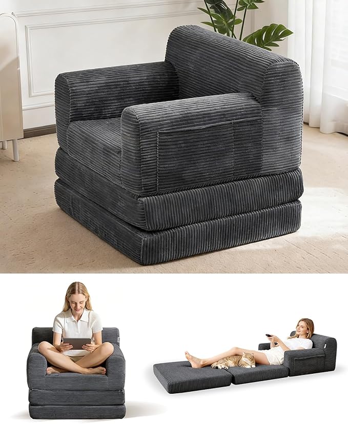 Boneless Couch Sofa Bed Convertible Sleeper Chair with One-Piece High-Density Foam (No Lumps) Foldable Floor Mattress for Adults Guest Gaming Non-Slip Side Pockets 84x35 No Assembly