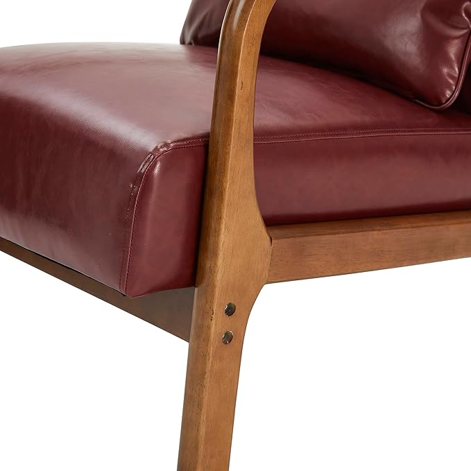 Glitzhome 30.75 H Mid Century Red Accent Armchair Single Reading Armchair PU Leather Lounge Chair with Walnut Ruberwood Frame
