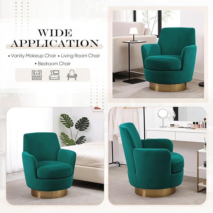 360° Swivel Barrel Chair Set of 2 28.3 Modern Velvet Round Accent Chair Comfy Upholstered Small Armchair with Gold Metal Base for Living Room Bedroom Nursery Office Sillas para Sala Emerald