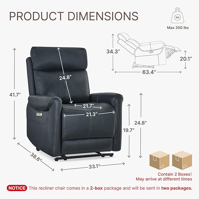 Wall Hugger Recliner Chair for Adults Faux Leather RV Recliner with USB Charging Ports Electric Power Reclining Sofa for Living Room Home Theater Seating Bedroom