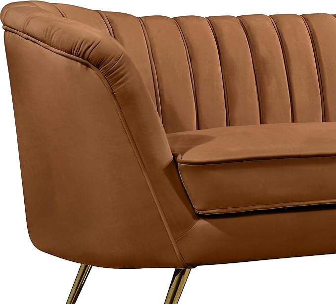 Meridian Furniture 622Saddle-L Margo Collection Modern Contemporary Velvet Upholstered Loveseat with Stainless Steel Base in a Rich Gold Finish Saddle 65 W x 30 D x 33 H