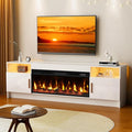 70'' TV Stand with Fireplace Realistic 3D Log Flame White Entertainment Center for 80 inch TV- TV Cabinet with LED Light High Glossy Door Modern TV Console for Living Room