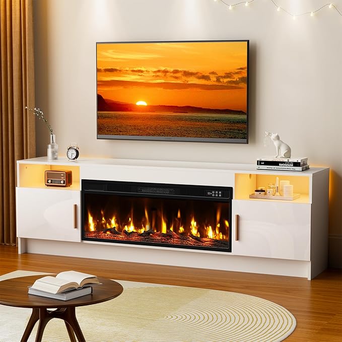 70'' TV Stand with Fireplace Realistic 3D Log Flame White Entertainment Center for 80 inch TV- TV Cabinet with LED Light High Glossy Door Modern TV Console for Living Room