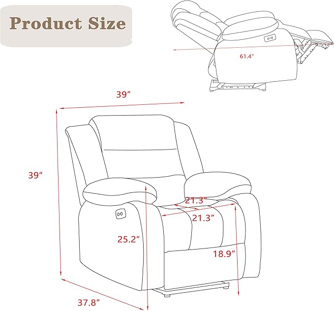 Power Recliner Chair Recliner for Adults Upholstered Soft Fabric Reclining Sofa Chair for Living Room (Gray)