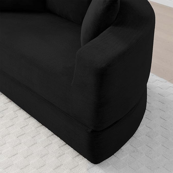 67-inch Convertible Futon Sofa Bed Round Folding Comfy Corduroy Upholstered Couch Bed with 3 Pillows Boneless Floor Lazy Loveseat Sofa for Living Room Apartment Small Spaces Pinstripe Black