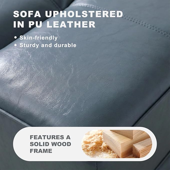 55 Faux Leather Upholstered Sofa Entryway Ottoman Modern End of Bed Bench with Side Table 360-degree Swivel Tray Couch Window Bench with Metal Legs for Bedroom Living Room (Grey)