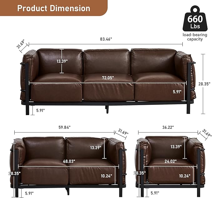 Minimalist Style 3 Seater Sofa Mid-Century Modern Faux Leather Sofa Couch with Fixed-Shape Iron Frame Upholstered Couch Chair for Living Room Office Apartment (Brown Loveseat Sofa)