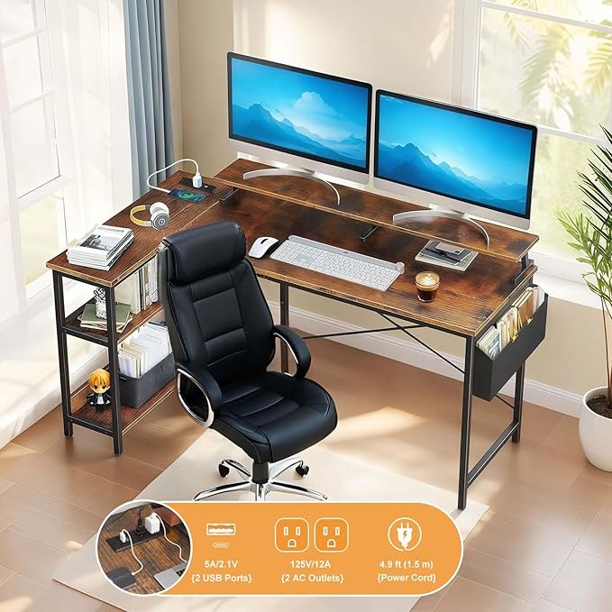 47'' Home Office Desks Corner Gaming Desks with Power Outlets Black Brown Reversible L Shaped Computer Desk with Monitor Stand Storage Shelves and Side Bag for Home Office Bedroom Small Space