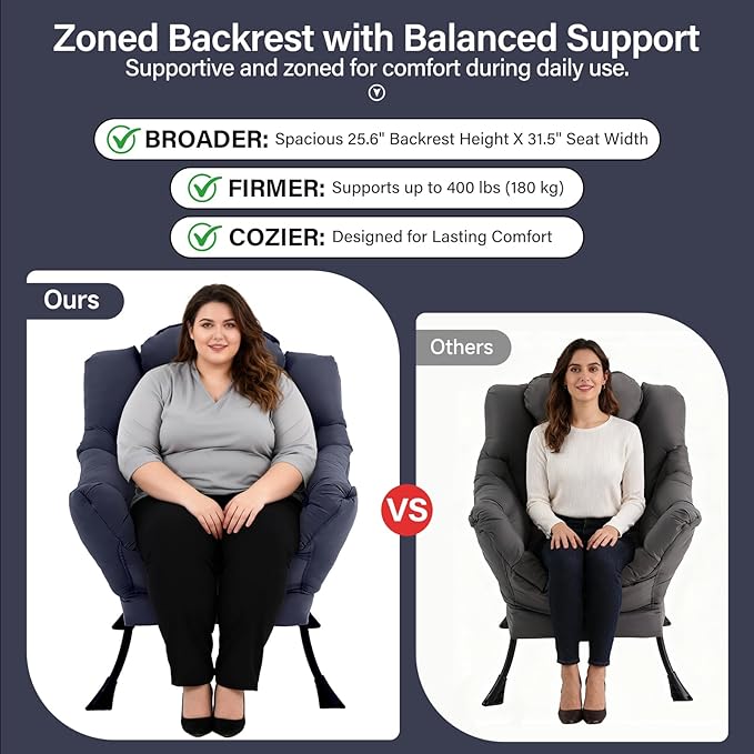 Lazy Chair with Ottoman Modern Accent Chair with Lumbar Pillow Navy Blue Sofa Armchairs with Folding Footrest Oversized Supportive Chairs for Bedroom Reading