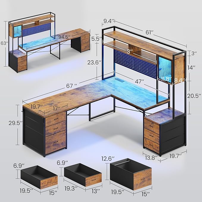 SEDETA L Shaped Gaming Desk with 6 Drawers Reversible Computer Office Desk with File Drawer Hutch Storage Shelves Gaming Corner Desk with Led Lights Power Outlet for Two Person Rustic Brown