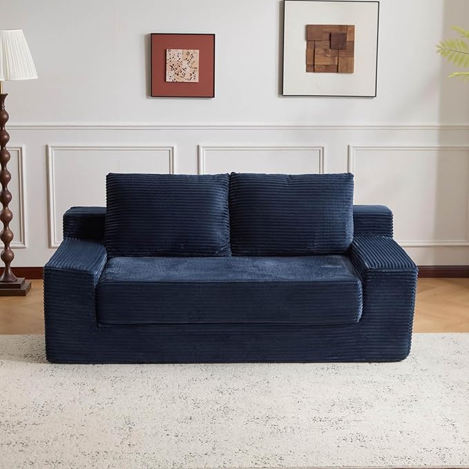 72 Boneless Loveseat Couch Foldable Pull Out Sofa Bed with 2 Pillows Corduroy Floor Sofa for Apartment Living Room Bedroom Guest Room No Assembly (Dark Blue)