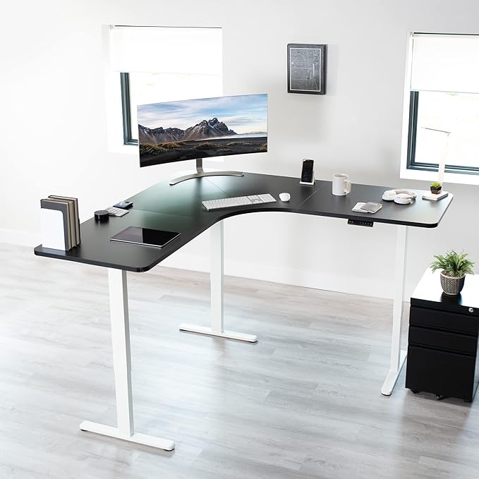 VIVO Electric Height Adjustable 71 x 71 inch Curved Corner Stand Up Desk Black Table Top White Frame Memory Controller L-Shaped Workstation E3C Series DESK-KIT-E3CWB