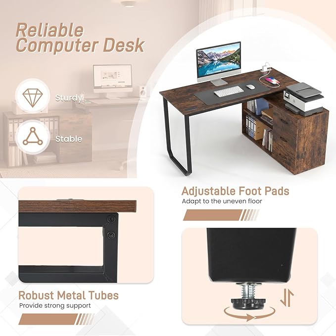 GOFLAME Reversible L Shaped Computer Desk with Charging Station 55” Home Office Desk with 3 Drawers 3-Level Adjustable Shelf Convertible Study Writing Desk for Small Space Rustic Brown