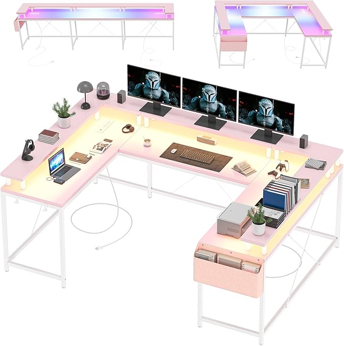 U Shaped Gaming Desk 79 Reversible U Shaped Desk with Power Outlets LED Lights Monitor Stand &amp Storage Shelves Corner Office Desk for Home Office Gaming Workstation (Pink)