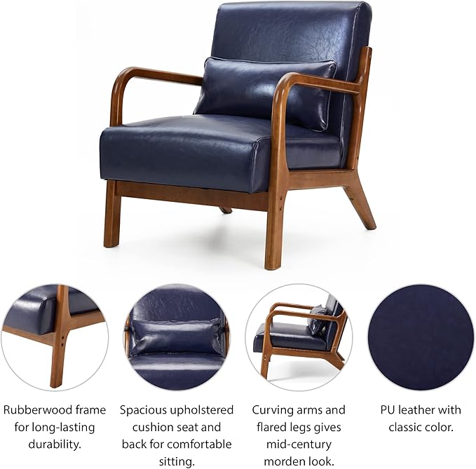 Glitzhome 30.75 H Mid Century Navy Blue Accent Armchair Single Reading Armchair PU Leather Lounge Chair with Walnut Ruberwood Frame
