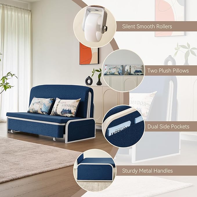 60 Full Size Loveseat Couch Bed 3 in 1 Convertible Pull Out Sleeper Sofa Bed with Storage Trundle and 2 Pillows for Living Room Bedroom Dorm Office RV (Midnight Navy-909)