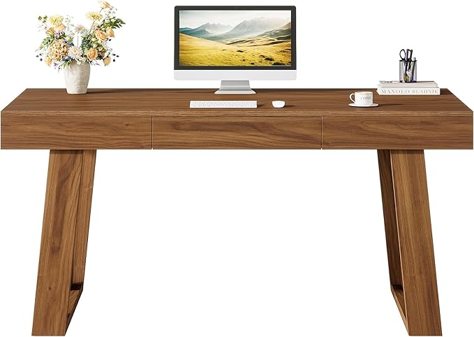 Tribesigns 55 Wide Desktop Executive Desk with Drawer Retro Brown Computer Office Desk Modern Wood Business Workstation Table for Home Office