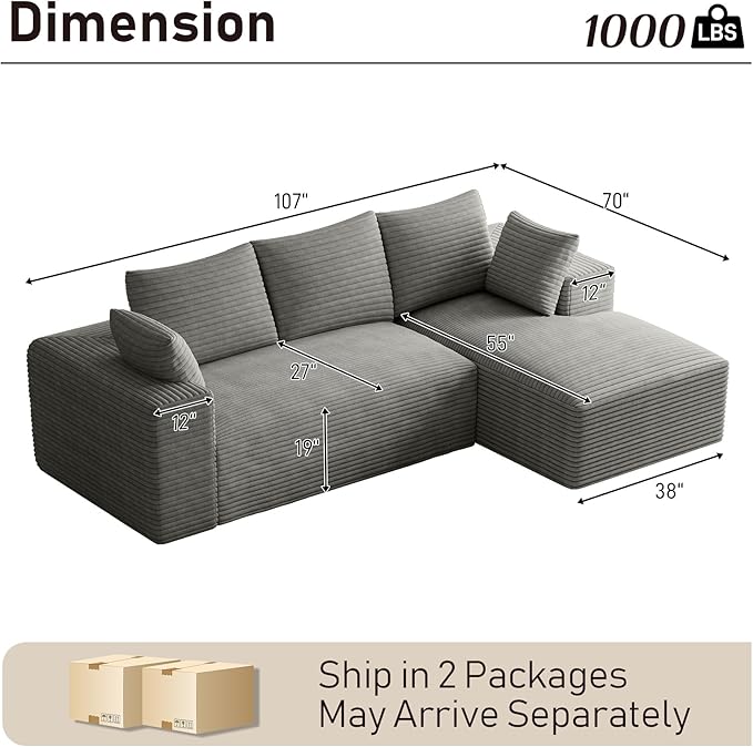 107 Sectional Couches for Living Room Comfy L Shaped Boneless Couches Modern Deep Seat Modular Sofa Cloud Corduroy Couch with Right Facing Chaise No Assembly Needed Light Grey