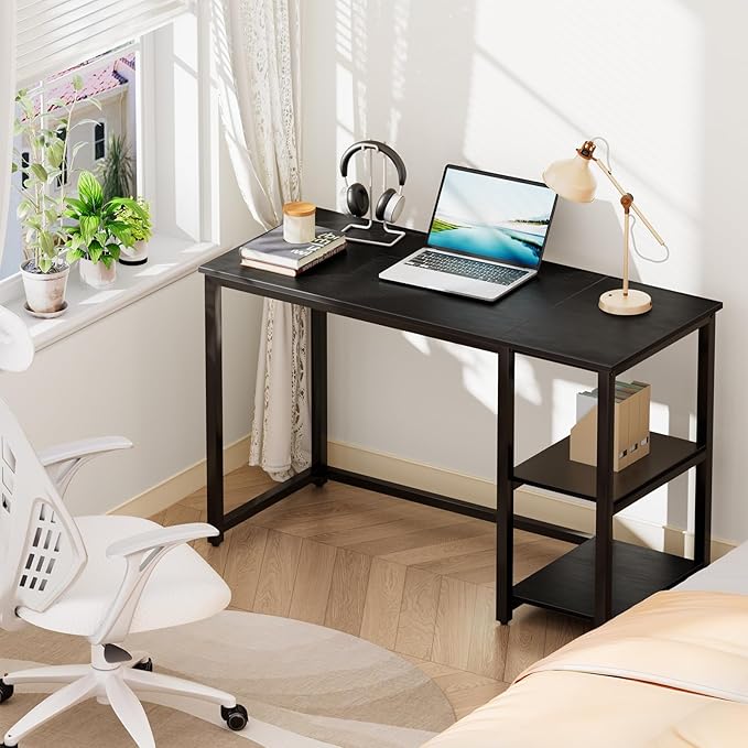 SINPAID Computer Desk 47 inches with 2-Tier Shelves Sturdy Home Office Desks with Large Storage Space Modern Gaming Desk Study Writing Laptop Table Black
