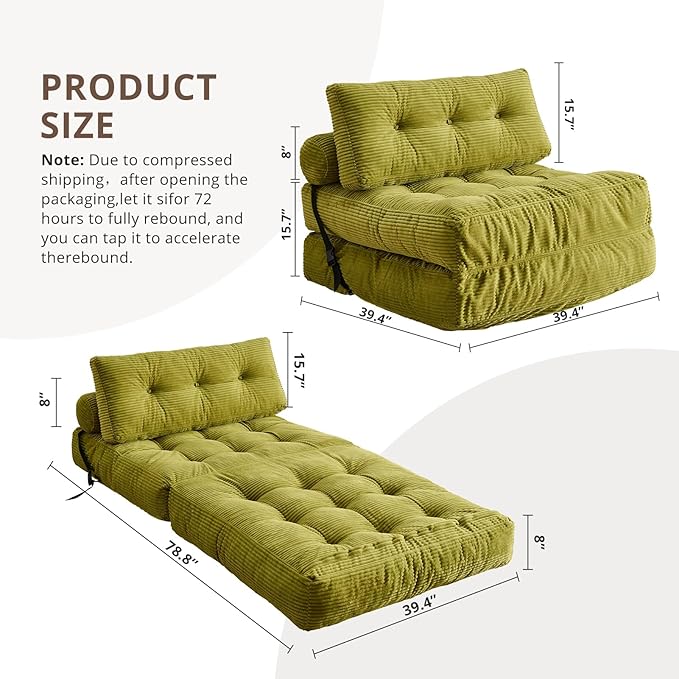 Folding Sofa Bed Convertible Sleeper Chair with Pillow Foldable Mattress with Back Support Portable Floor Sofa Lounge for Living Room Bedroom Dorm(Green Single)