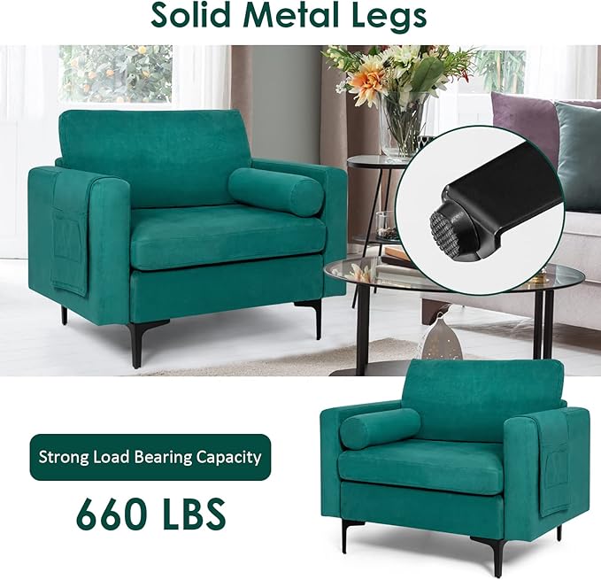 Giantex Single Sofa Accent Chair Armchair w/Comfy Cushion Bolster Armrest Magazine Caddy Pockets Living Room Upholstered Leisure Chair for Bedroom Reception Room Blue