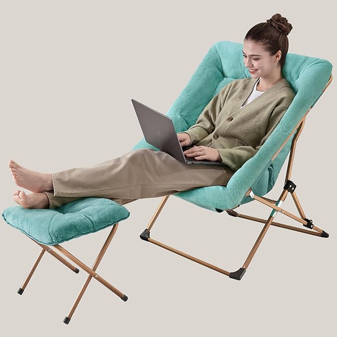 Walsham Folding Comfy Chair with Ottoman Faux Fur Soft Cozy Lounge Reading Papasan Chair with Footrest for Adults Kids Bedroom Living Room Dorms Small Space Green