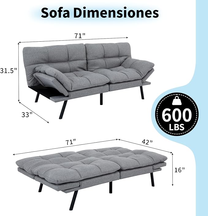 MUUEGM 71” Convertible Futon Sofa Bed Upholstered Small Futon Couches with Adjustable Backrest Loveseat Sleeper Bed for Compact Living Room Studio Office (Light Grey)