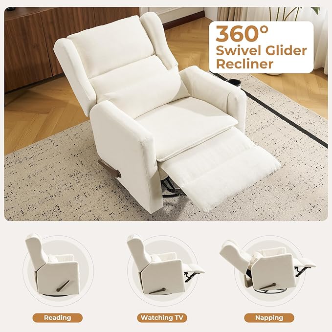 Swivel Rocker Recliner for AdultsGlider Rocking Chair with Adjustable HeadrestRocking Recliner Chair for NurseryManual Recliner Chair with Double CushionChenilleWhite