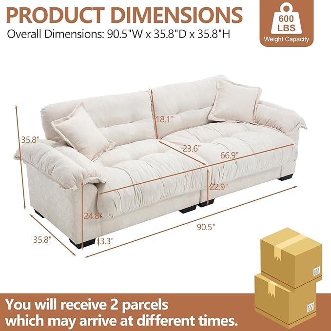 KIVENJAJA 90.5”W Oversized Cloud Loveseat Sofa Modern Chenille Tufted Deep Seat Sectional Couch Overstuffed Comfy Love seat with Pillows for Living Room Apartment Small Space Beige