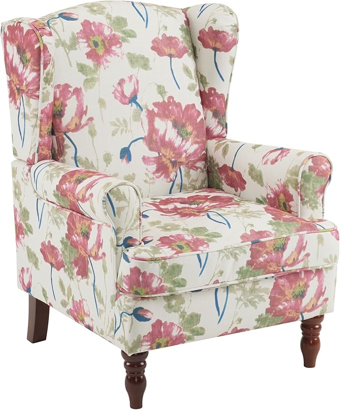 MELLCOM Floral Accent Chair High Back Upholstered Armchair with Solid Legs Leisure Single Sofa Chair for Living Room Bedroom Home Office Pink Floral