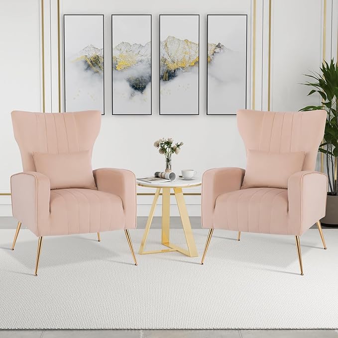 Giantex Velvet Accent Chair with Lumbar Pillow Upholstered Tufted Wingback Arm Chair w/Golden Metal Legs Mid Century Modern Single Sofa Chair for Living Room Bedroom Max Load 400 LBS Pink