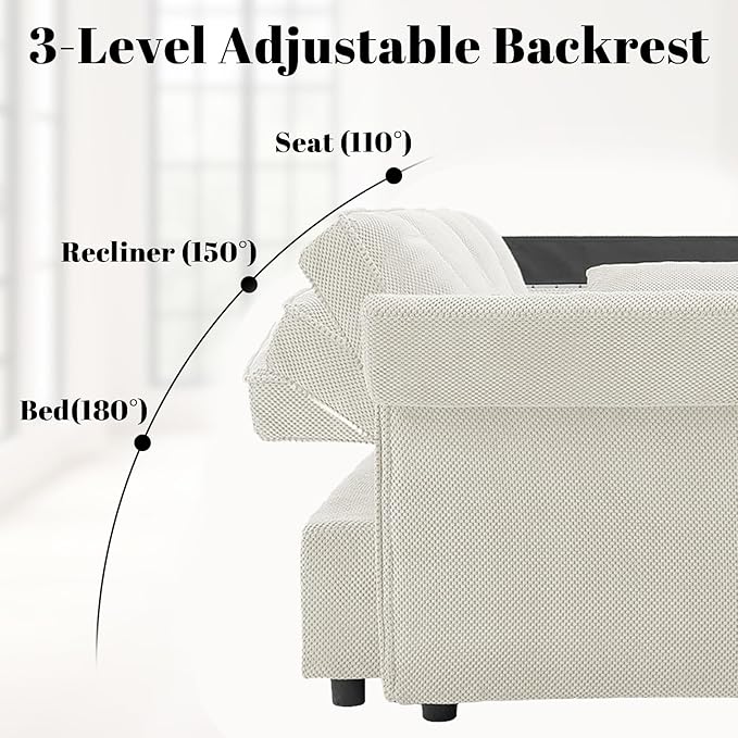 Rovibek 65'' Convertible Sleeper Sofa Bed 3-in-1 Pull Out Couch with 360° Swivel Side Table Adjustable Backrest Loveseat Sleeper with Charging Port | Side Pocket | Cup Holders White
