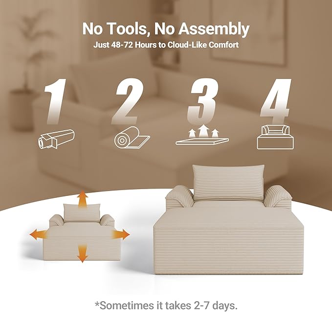 68 Overized Boneless Chaise Lounge Chair IndoorDeep Seat Sleeper Sofa Cloud Couch with PillowComfy Corduroy Boneless Cloud Seat for Living Room Apartment Office(Khaki Oversized Chaise Lounge)
