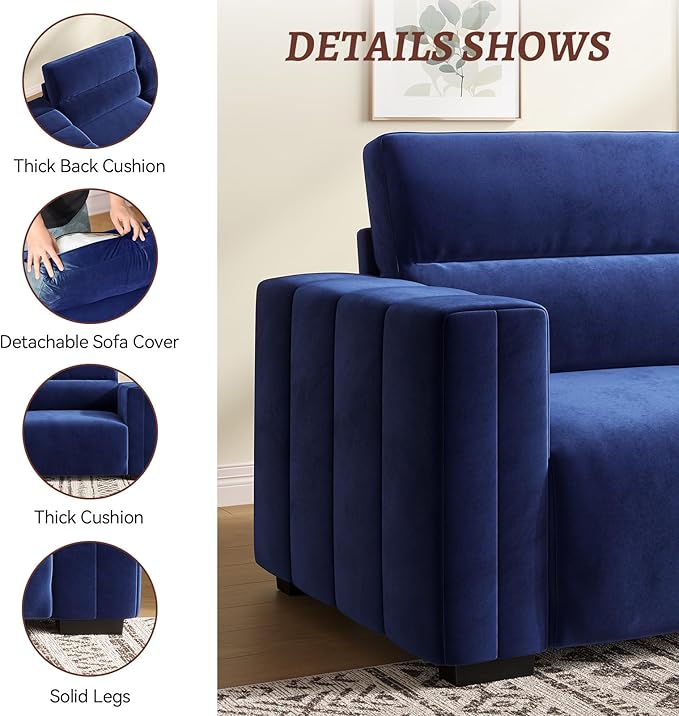 82 Inch Sofa with Extra Deep Seats Oversize Velvet Fabric 2 Seater Sofa for Living RoomModern Couch and Loveseat Comfy Armrests and Seats and Backrests Easy Installation Blue